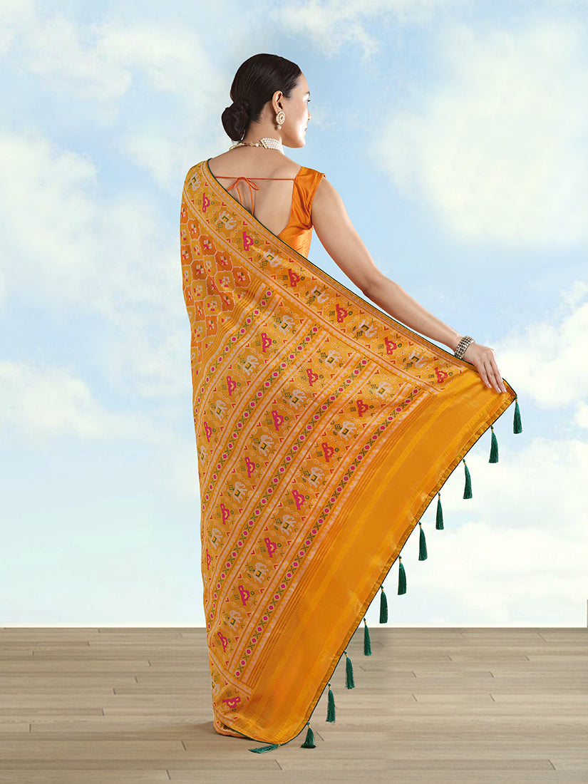 Mustard Patola-Style Satin Saree with Elephant Motifs, back with pallu