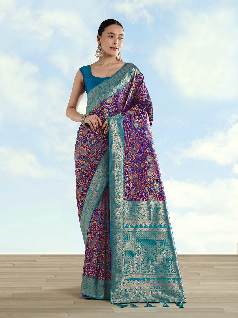Purple Banarasi-Style Silk Blend Saree with Paisley Weave, front drape