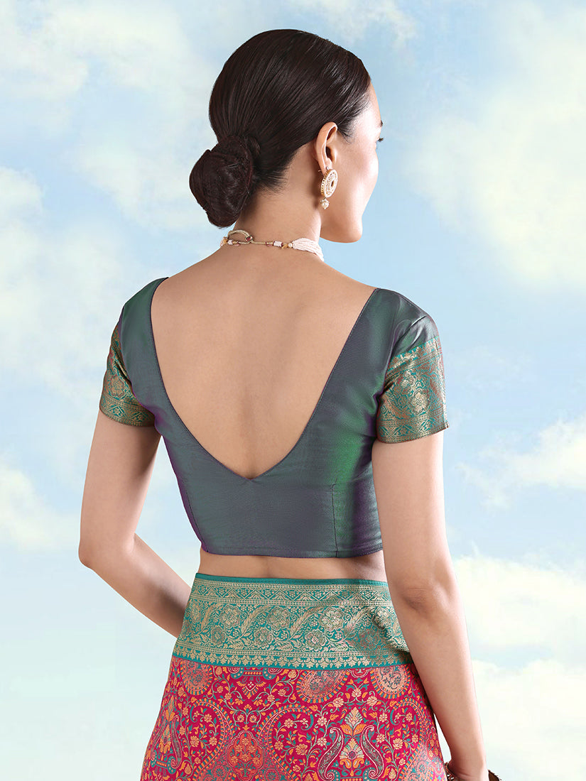 Rani Pink Banarasi-Style Silk Blend Saree with Paisley Weave, blouse back