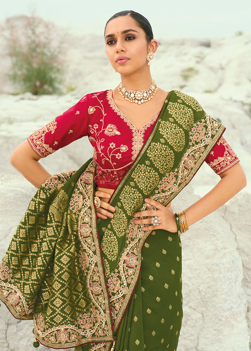Mehendi Green Silk Blend Saree with Floral Border, blouse and pallu close-up