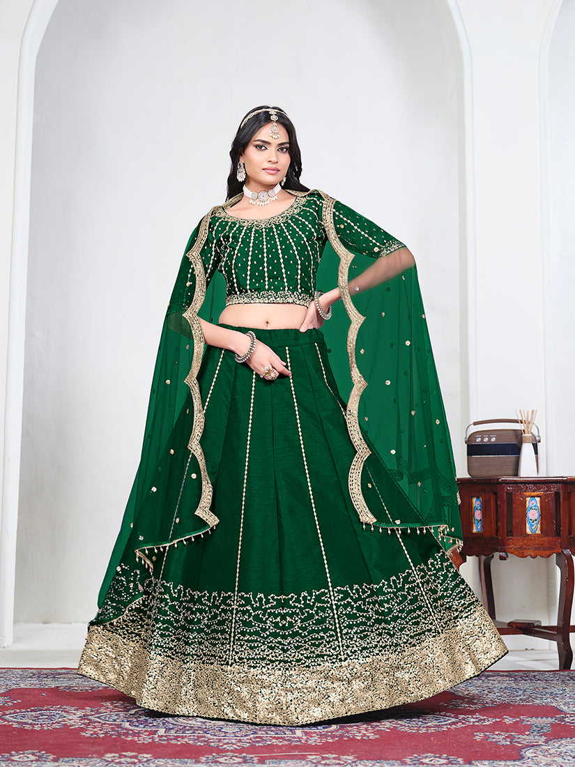 Green Art Silk Embroidered Lehenga Choli, front