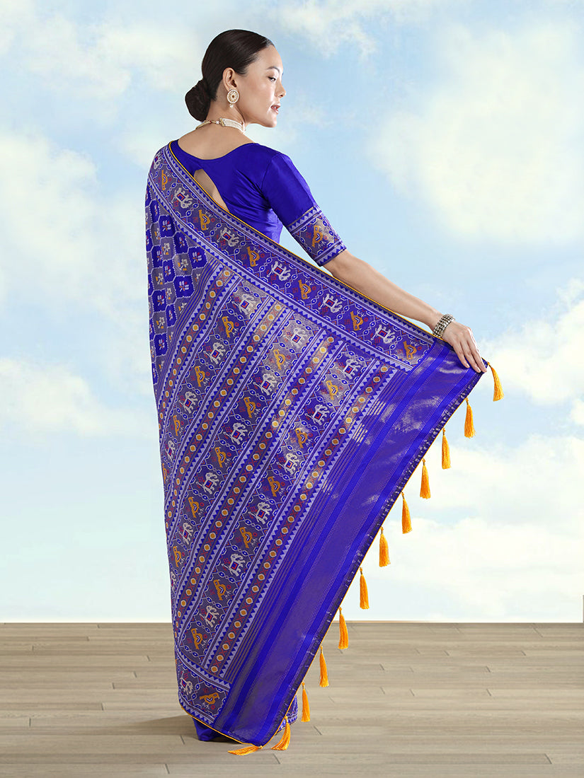Navy Blue Patola-Style Satin Saree with Elephant Motifs, back with pallu