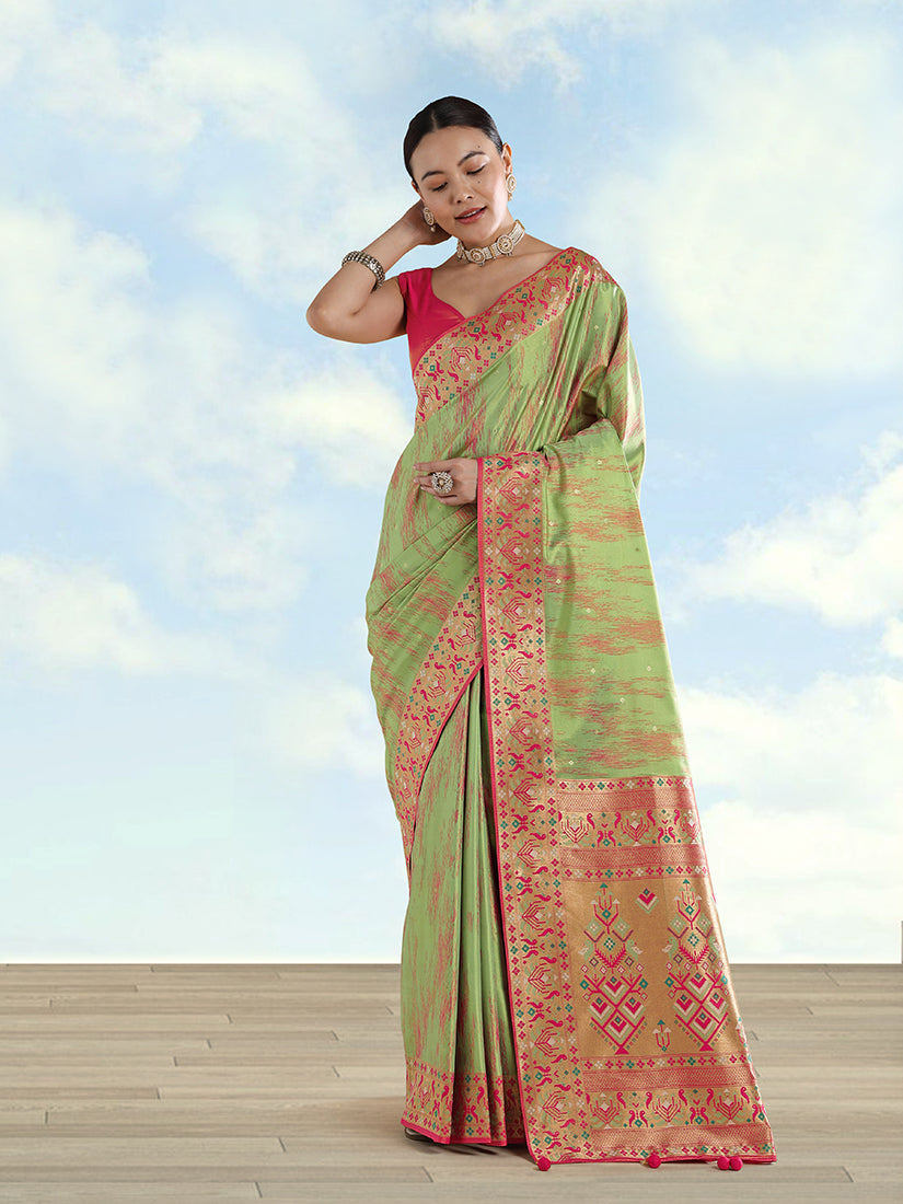 Light Green Paithani-Style Tissue Silk Saree with Contrast Border, front drape