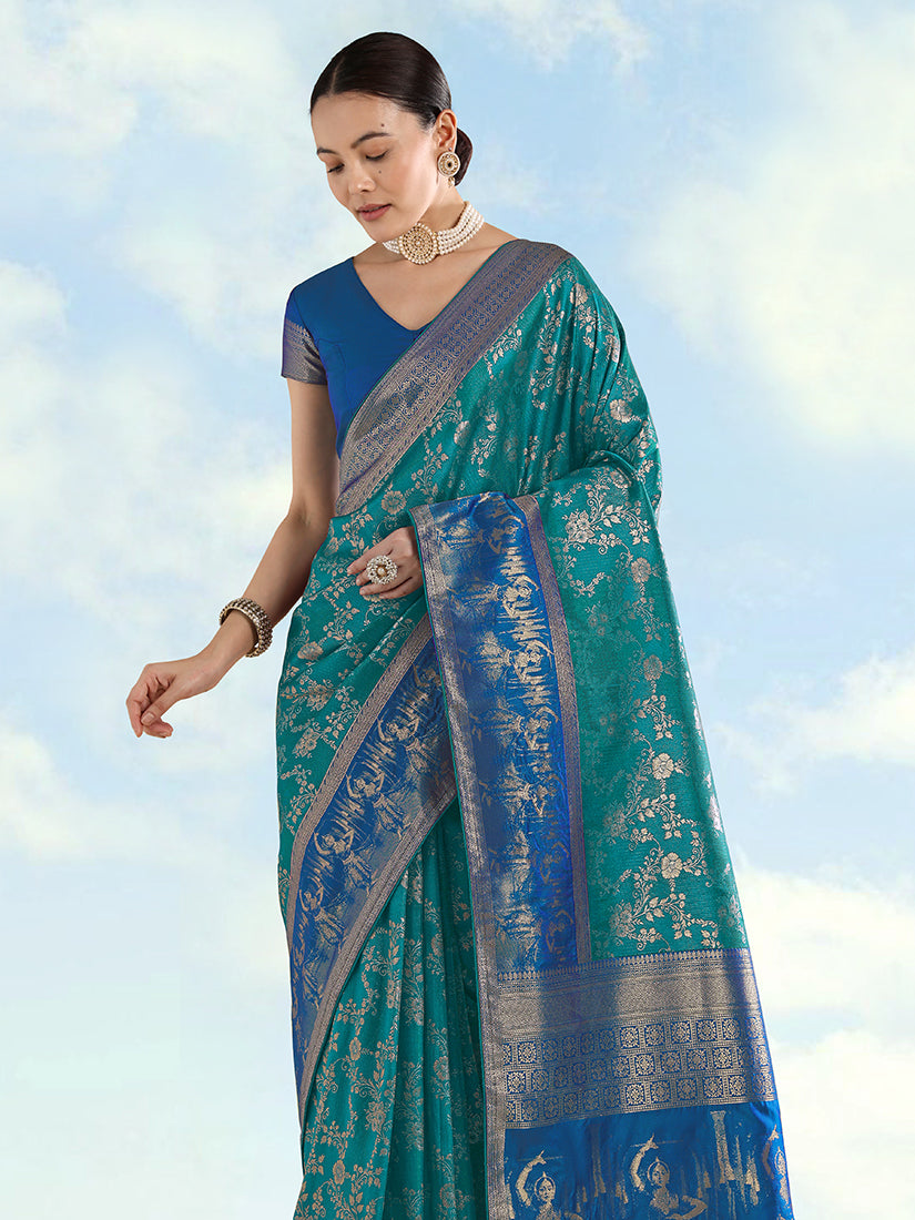 Turquoise Banarasi-Style Silk Blend Saree with Dancer Motif Pallu, three-quarter view