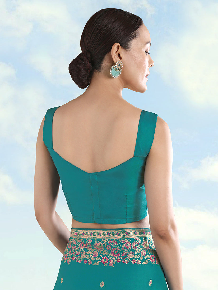 Turquoise Banarasi-Style Satin Saree with Peacock Pallu, blouse back