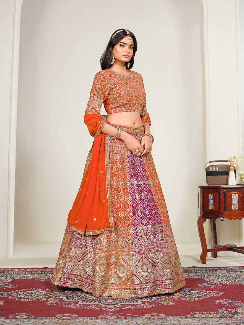 Orange Georgette Embroidered Lehenga Choli, side