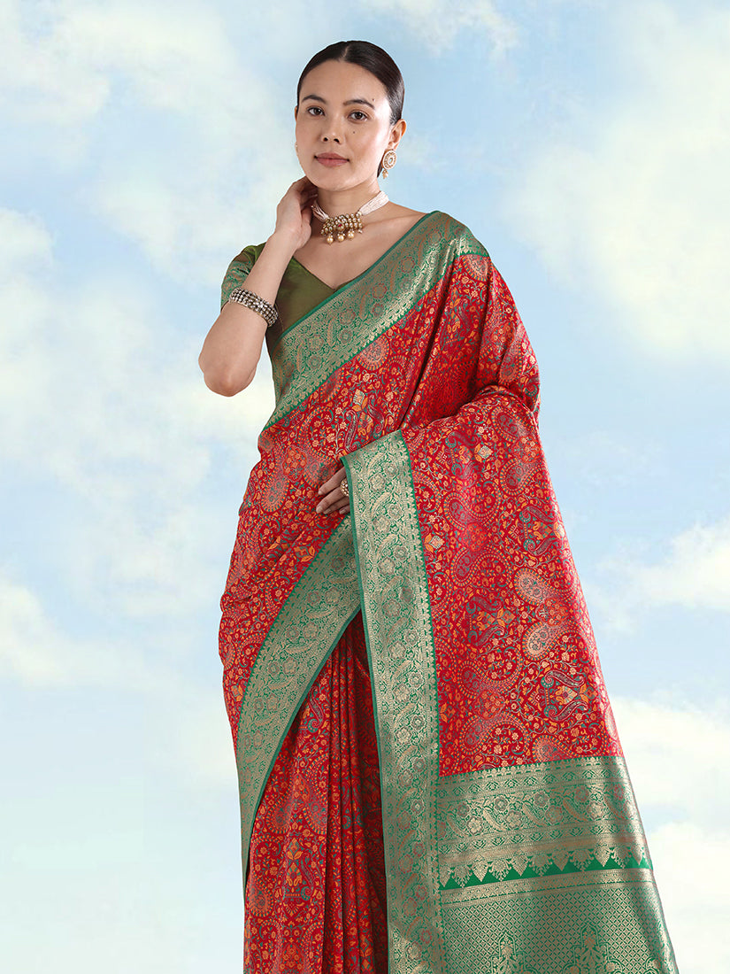 Red Banarasi-Style Silk Blend Saree with Paisley Weave, three-quarter view
