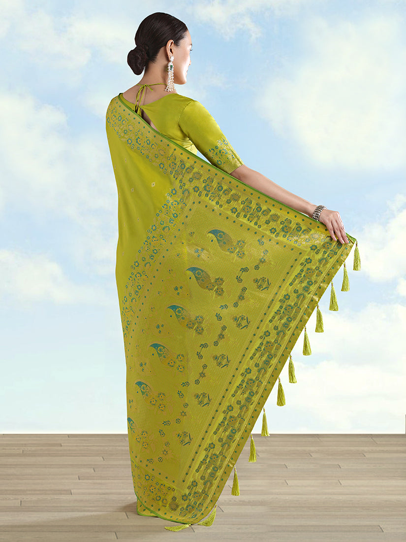Light Green Banarasi-Style Satin Saree with Peacock Pallu, back with pallu