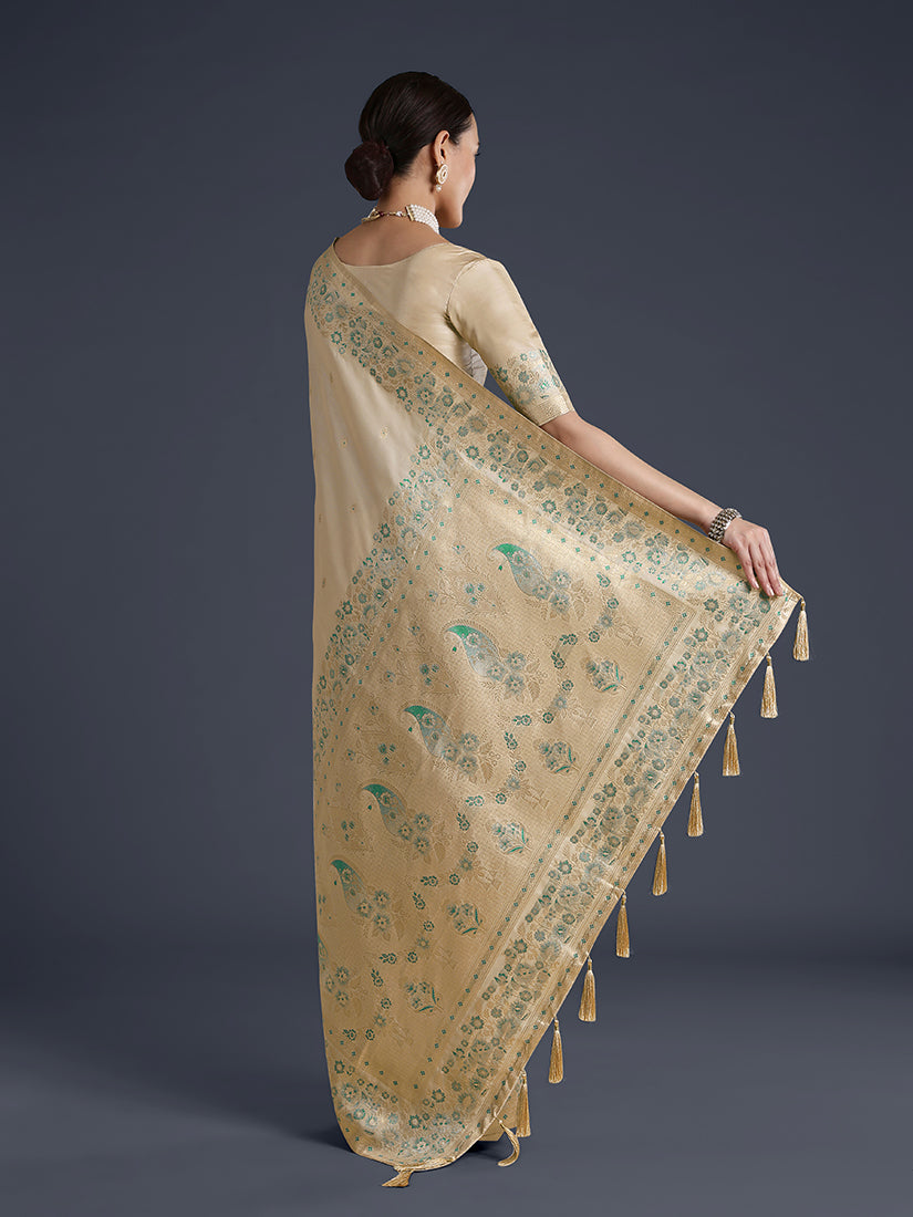 Cream Banarasi-Style Satin Saree with Peacock Pallu, back with pallu