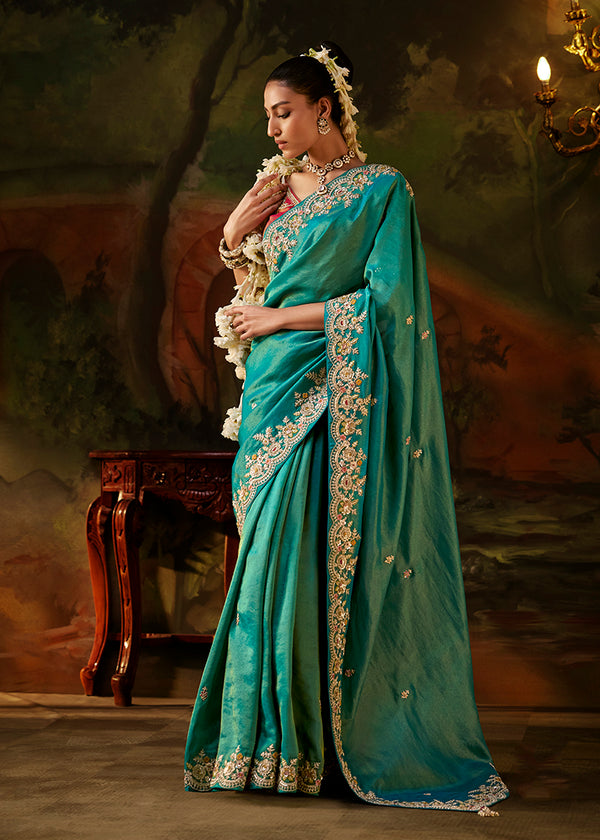 Sea Green Faux Tissue Saree with Embroidered Scalloped Border, front
