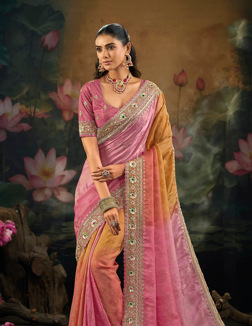 Multicolor Crepe Saree with Embroidered Paisley Pallu, side drape
