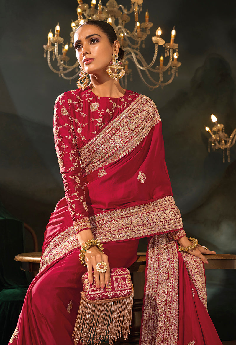 Red Satin Saree with Embroidered Border, seated full length