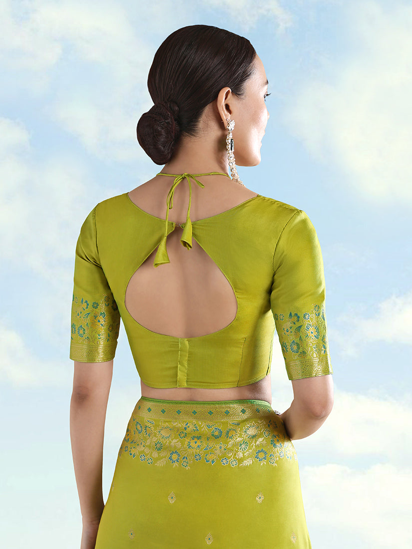 Light Green Banarasi-Style Satin Saree with Peacock Pallu, blouse back