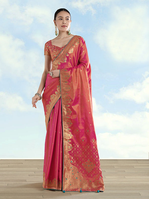 Red Tissue Silk Saree with Zari Paisley Pallu, front