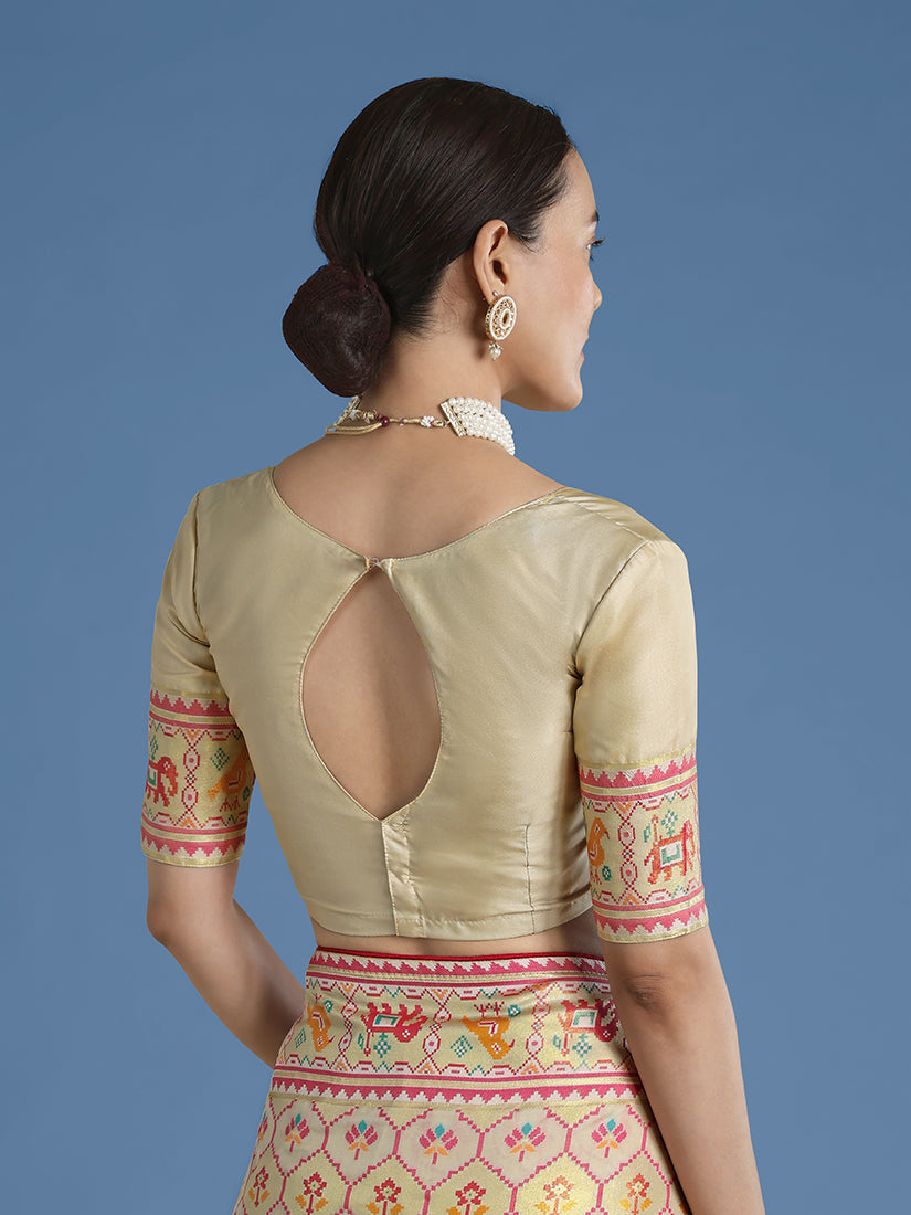 Cream Patola-Style Satin Saree with Elephant Motifs, blouse back