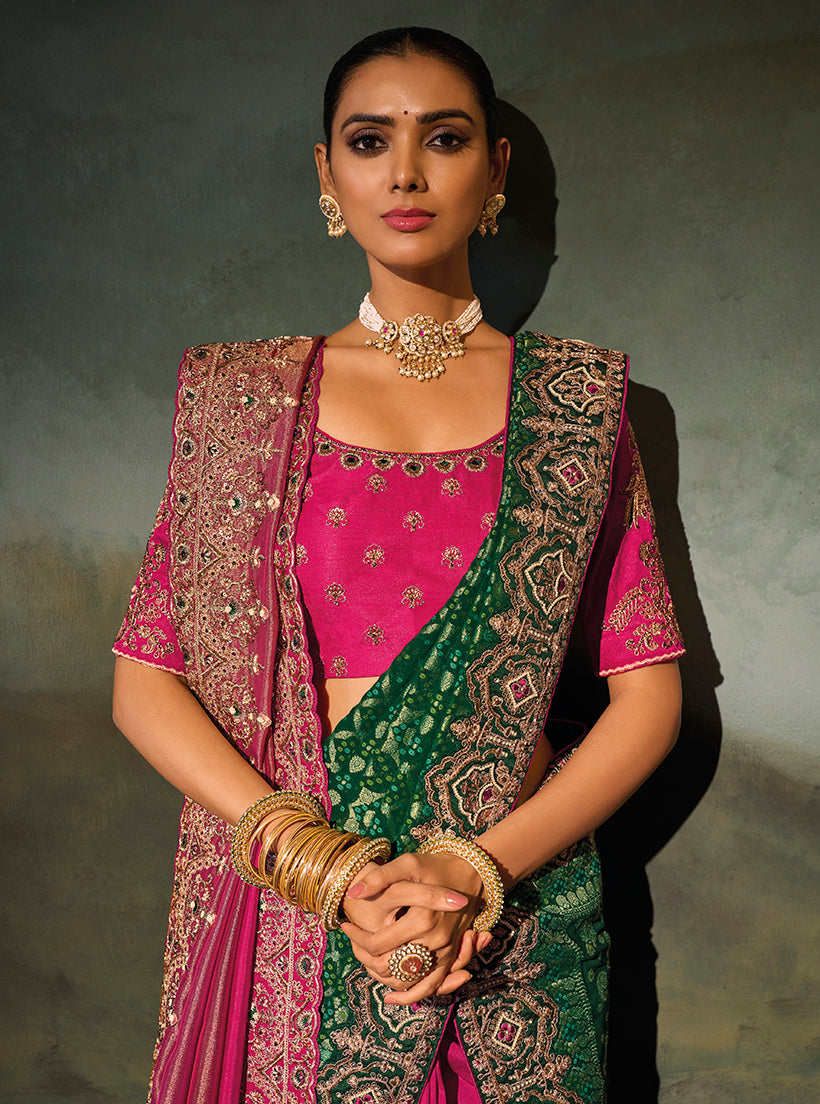 Rani Pink Silk Blend Saree with Green Embroidered Pallu, blouse and pallu close-up