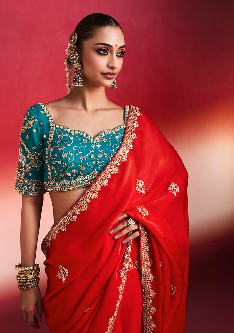 Red Silk Blend Saree with Teal Blue Blouse, blouse front