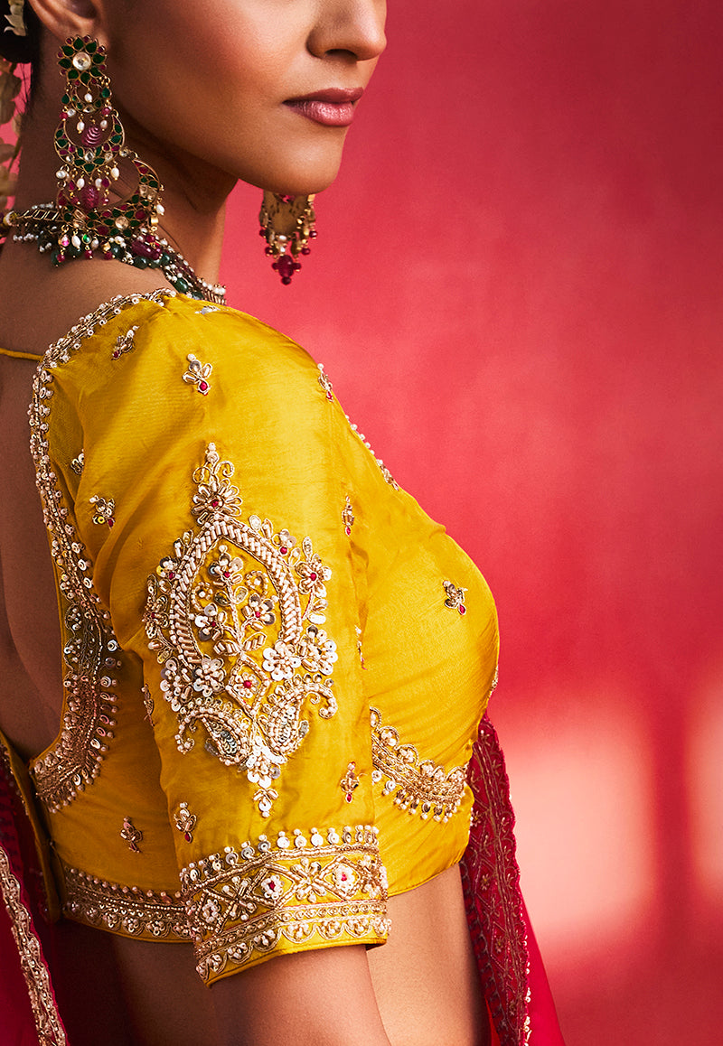 Rani Pink Silk Blend Saree with Mustard Yellow Blouse, blouse close-up