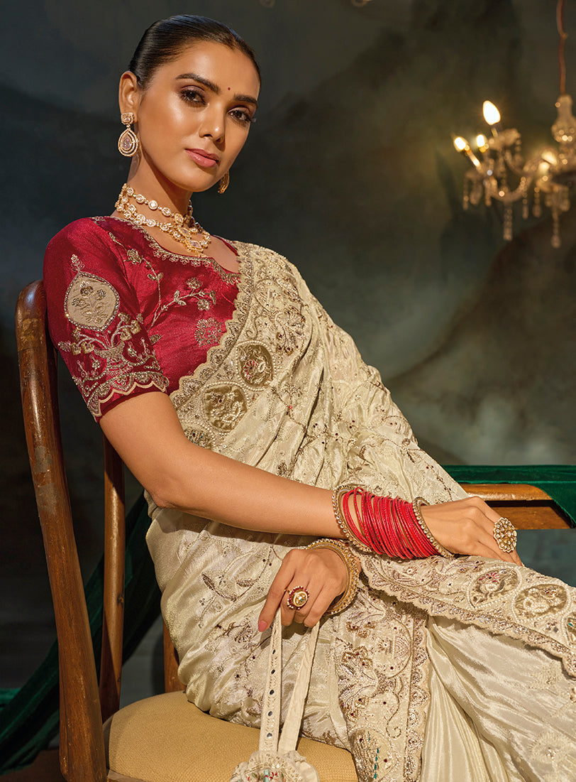 Cream Tissue Saree with Embroidered Floral Sprays, blouse and pallu close-up