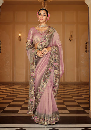 Onion Pink Silk Blend Saree with Zari Embroidered Border
