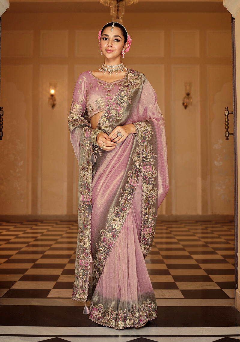 Onion Pink Silk Blend Saree with Zari Embroidered Border, front