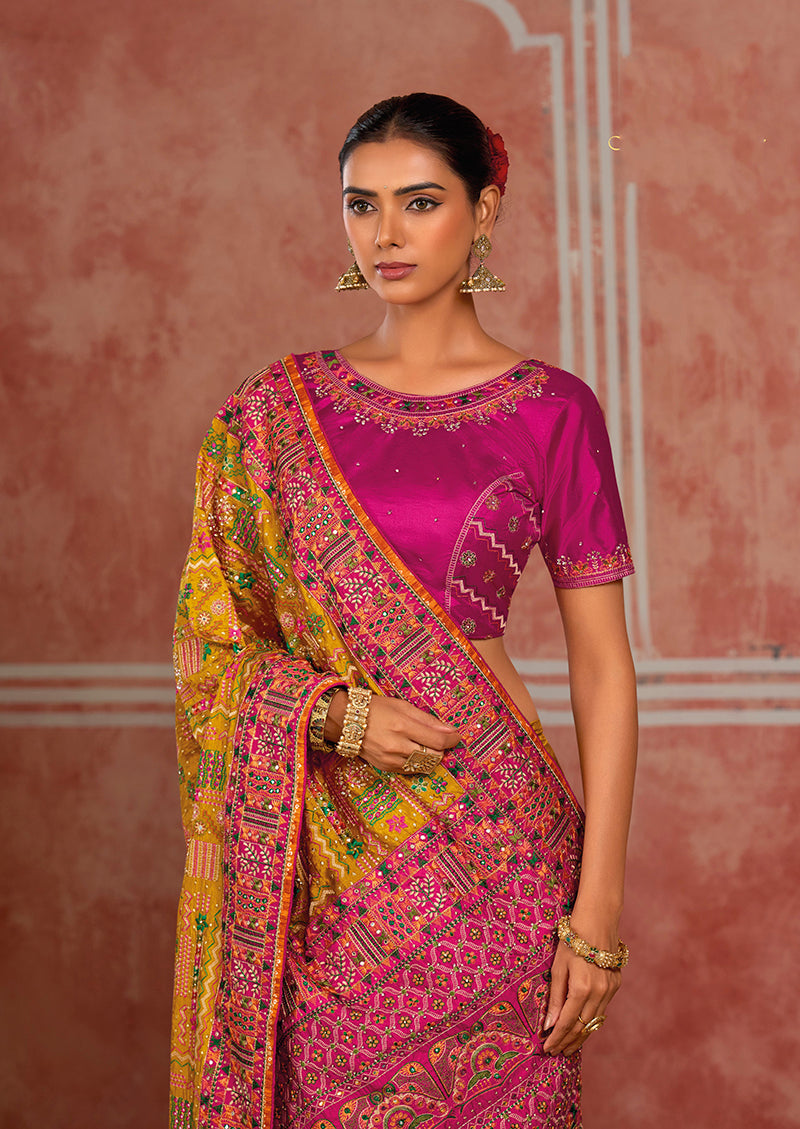 Mustard Silk Blend Saree with Striped Border, upper body blouse detail