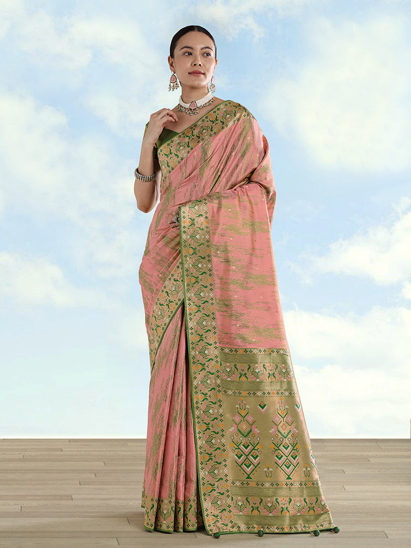Light Pink Paithani-Style Tissue Silk Saree with Contrast Border, front drape