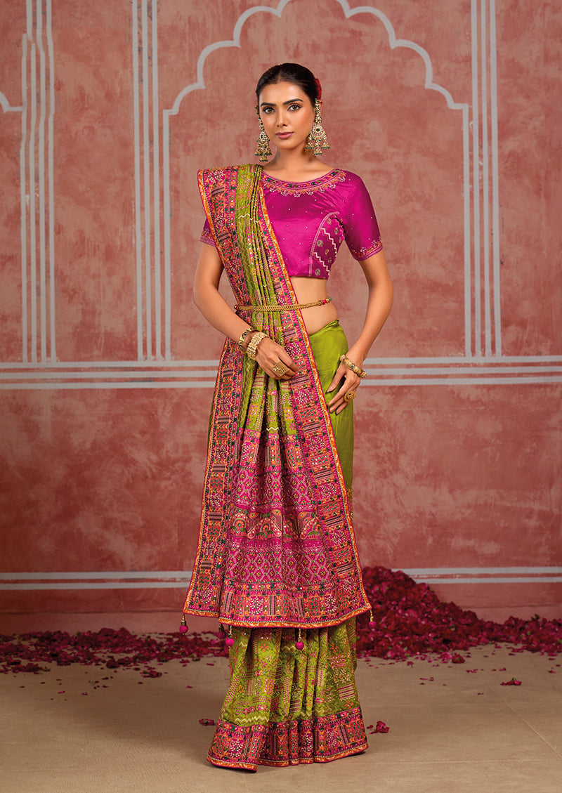 Parrot Green Silk Blend Saree with Geometric Motifs, blouse embroidery close-up