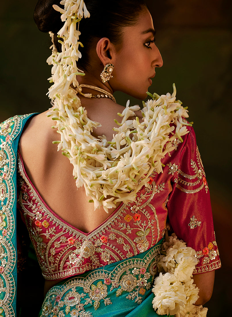 Sea Green Faux Tissue Saree with Embroidered Scalloped Border, blouse back