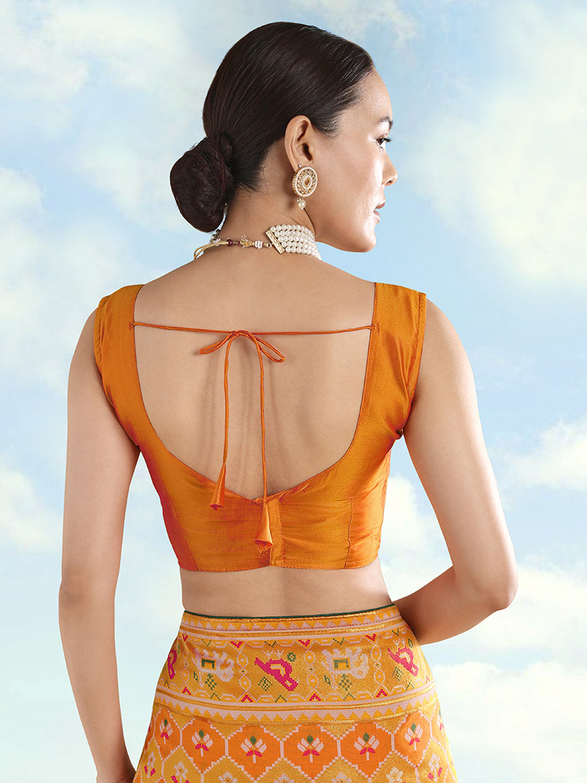 Mustard Patola-Style Satin Saree with Elephant Motifs, blouse back