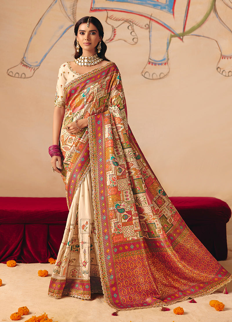 Cream Silk Blend Saree with Multicolor Thread Work Pallu, front