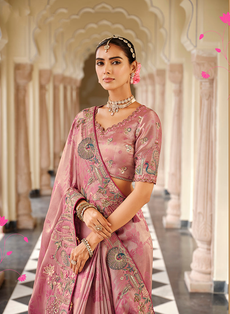 Light Pink Silk Blend Saree with Zari Embroidered Border, blouse front