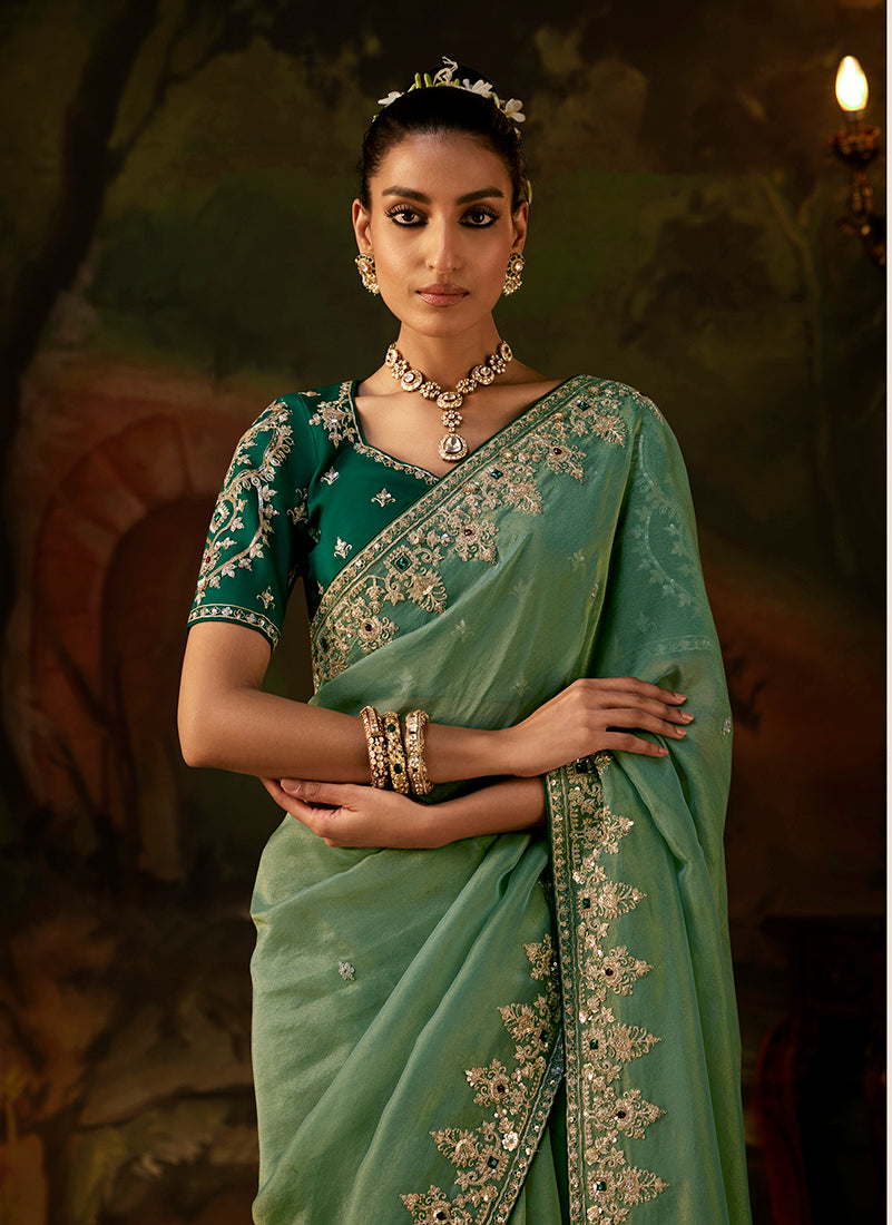 Pista Green Faux Tissue Saree with Embroidered Scalloped Border, three-quarter view