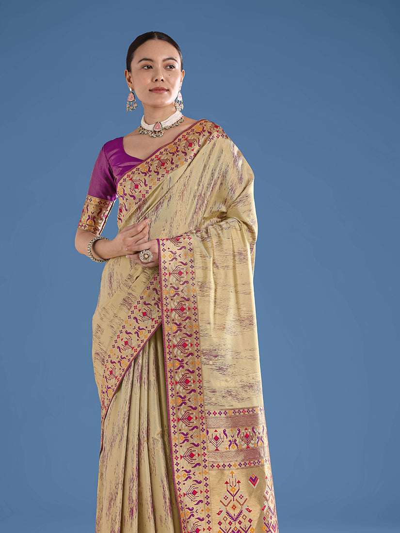 Beige Paithani-Style Tissue Silk Saree with Contrast Border, three-quarter view