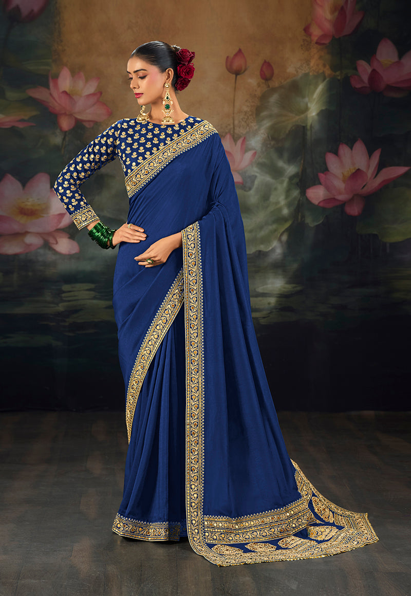 Royal Blue Silk Blend Saree with Zari Scroll Border, front