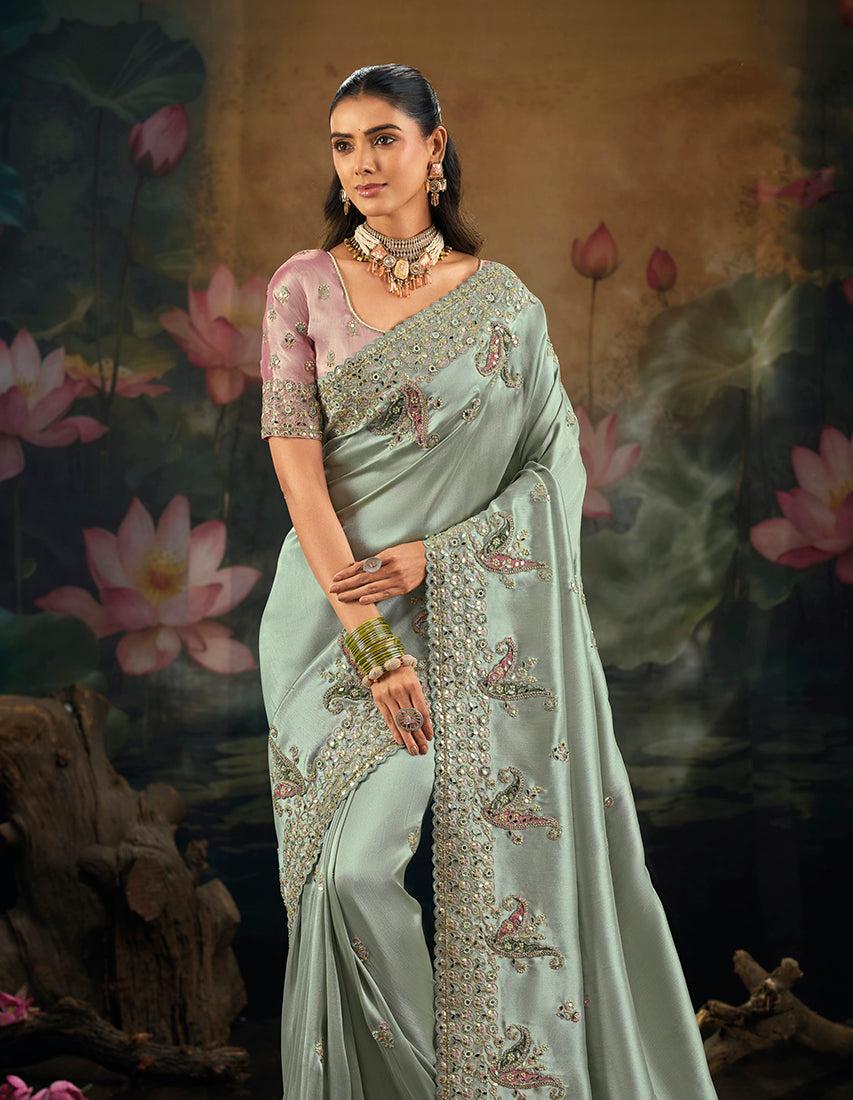 Aqua Blue Silk Blend Saree with Floral Embroidered Border, side drape