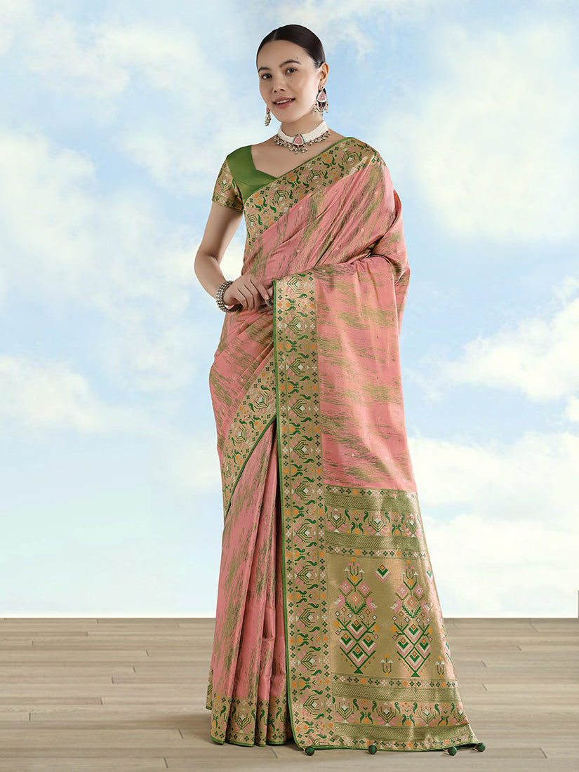 Light Pink Paithani-Style Tissue Silk Saree with Contrast Border, front