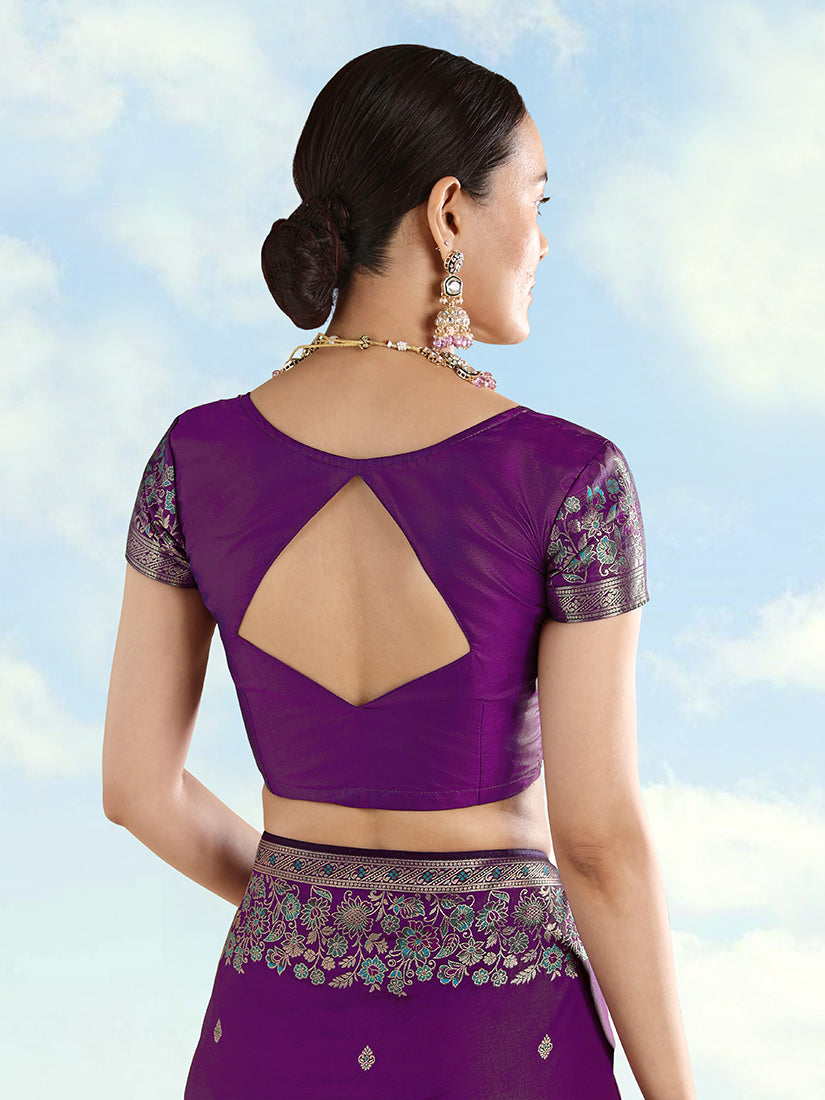 Purple Banarasi-Style Satin Saree with Peacock Pallu, blouse back