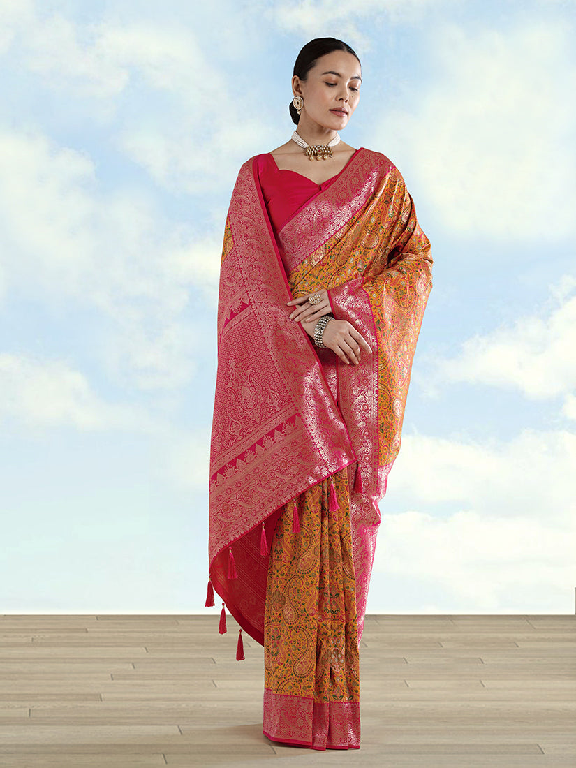 Mustard Banarasi-Style Silk Blend Saree with Paisley Weave, front drape