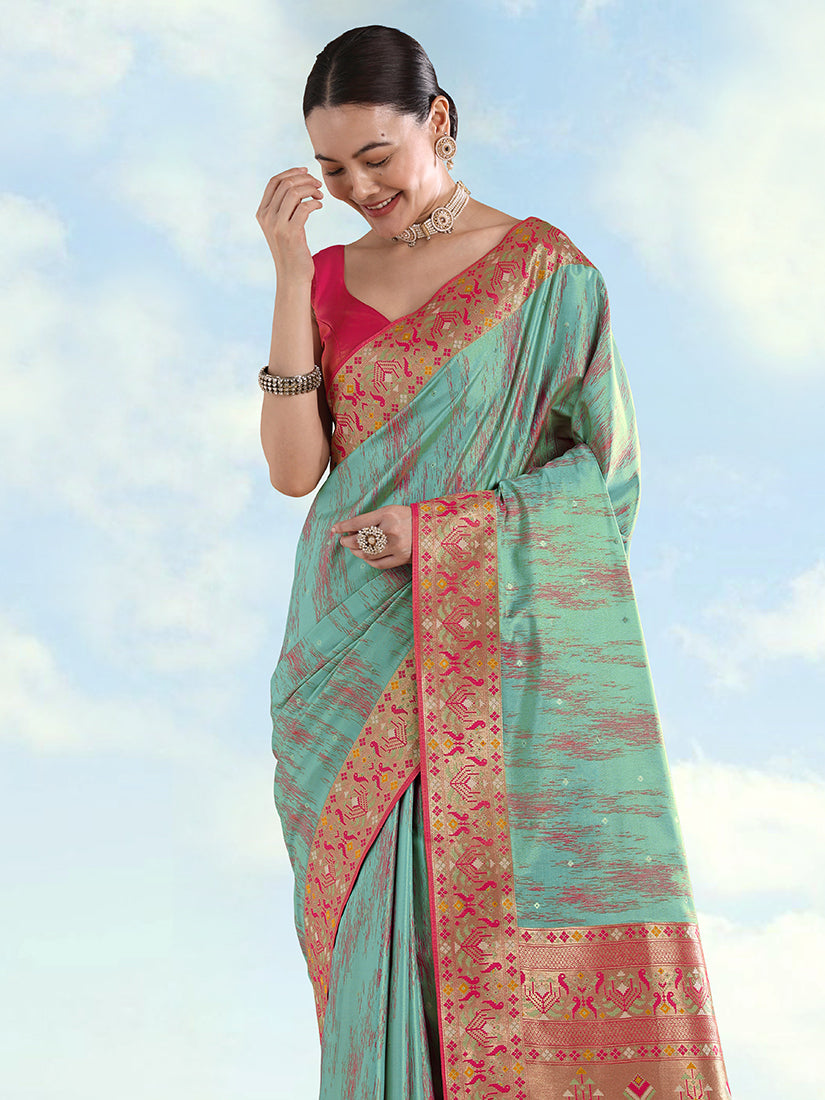 Sky Blue Paithani-Style Tissue Silk Saree with Contrast Border, front drape