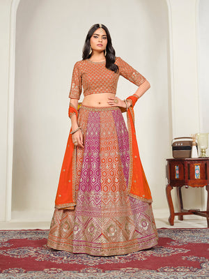 Orange Georgette Embroidered Lehenga Choli