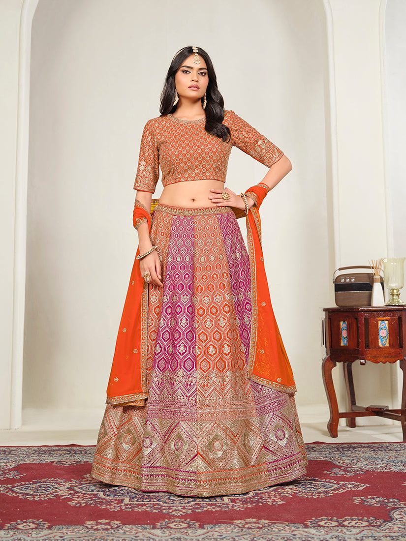 Orange Georgette Embroidered Lehenga Choli, front