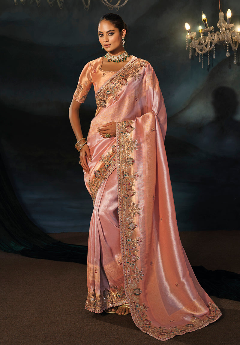 Peach Silk Blend Saree with Embroidered Floral Pallu, front