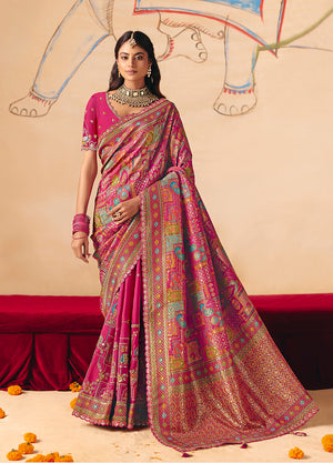 Rani Pink Silk Blend Saree with Scalloped Embroidered Border