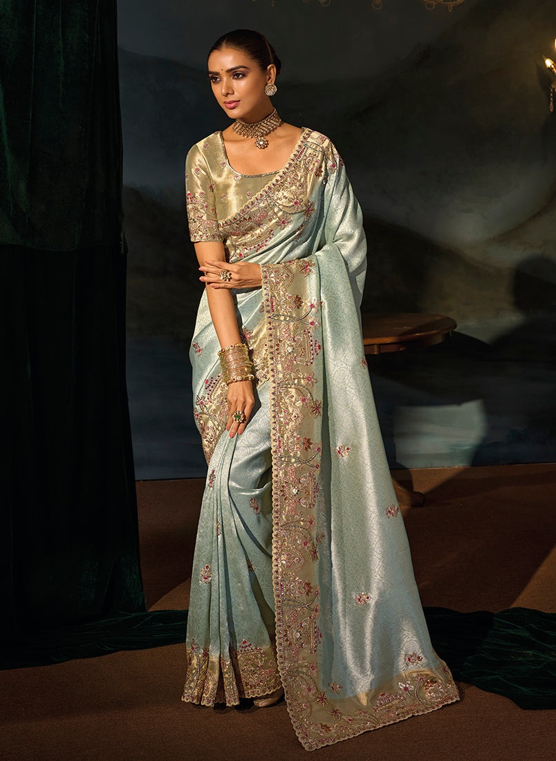 Sky Blue Silk Blend Saree with Heavy Embroidered Pallu, front