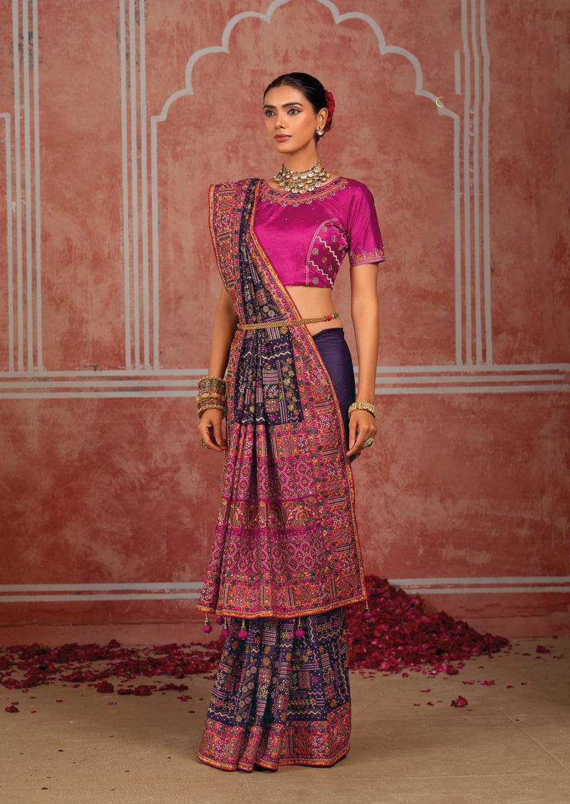 Navy Blue Silk Blend Saree with Embroidered Border, pleats and border detail