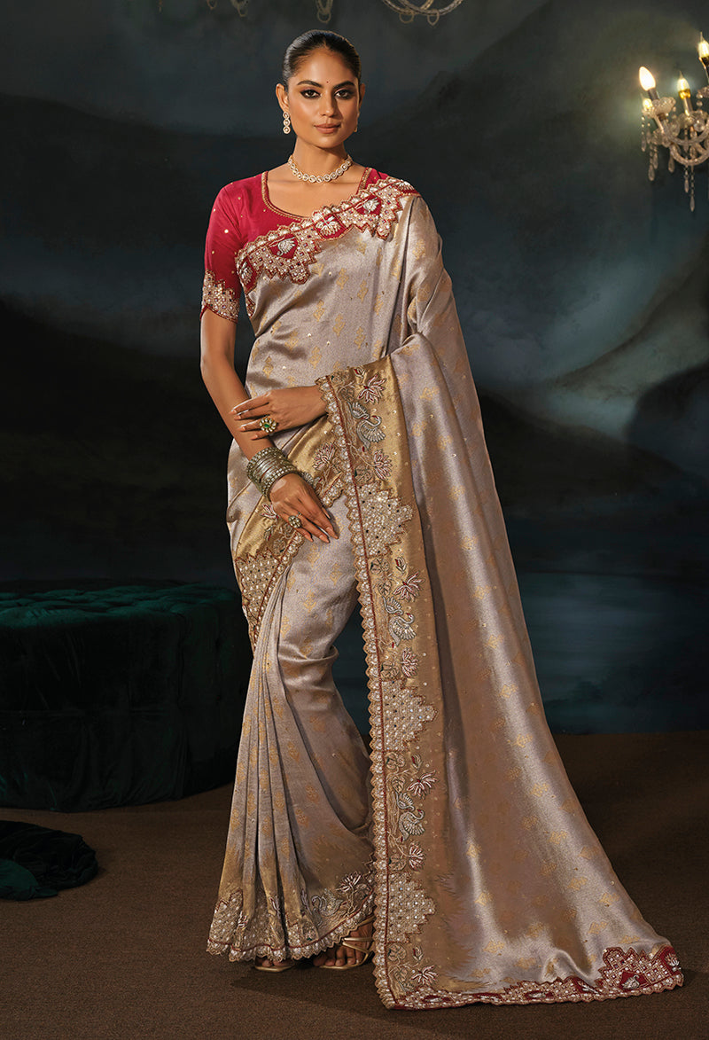 Gray Silk Blend Saree with Beaded Floral Pallu, front