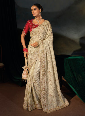 Cream Tissue Saree with Embroidered Floral Sprays