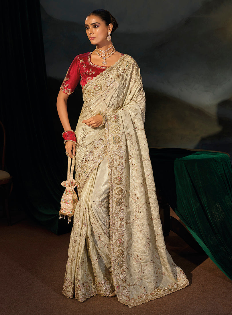 Cream Tissue Saree with Embroidered Floral Sprays, front