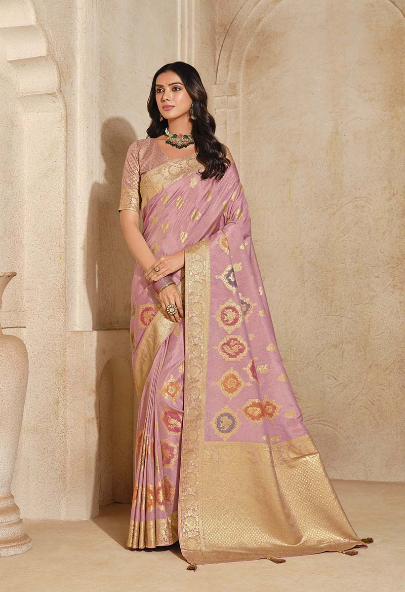 Light Pink Silk Blend Saree with Woven Zari Motifs, front
